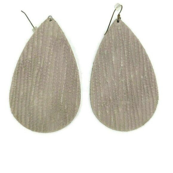 Nickel & Suede Beige Grey Textured Leather Teardrop Earrings Large 3" - Picture 2 of 2